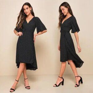 Lulus NWT Farah Polka Dot Black Print Flutter Sleeve Midi Wrap Dress
